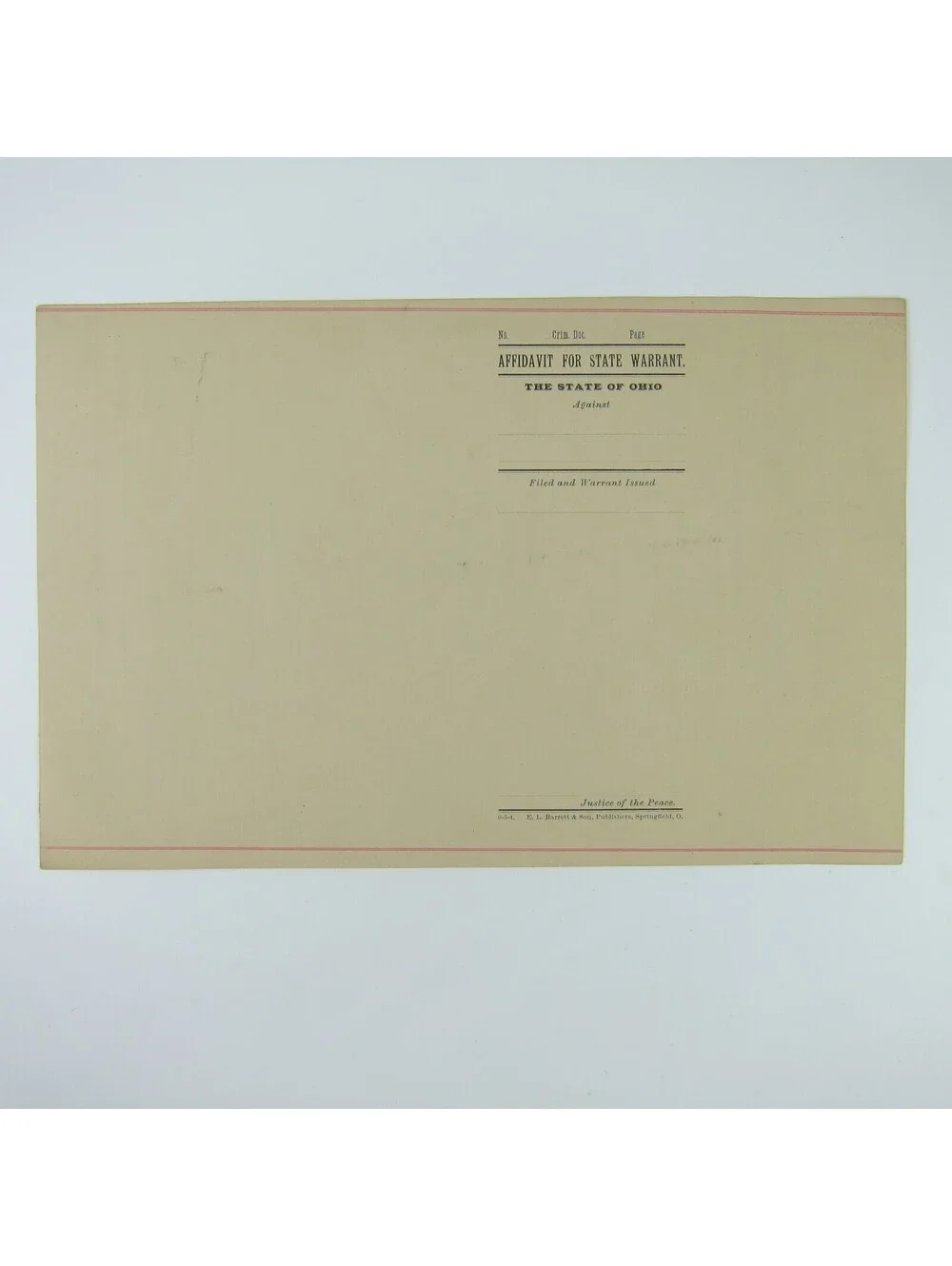 1890s Ohio Affidavit For State Warrant Record Form Blank Justice Antique RARE